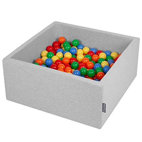 KiddyMoon 90X40cm/300 Palline ∅ 7CM Quadrato Piscina di Palline Colorate per Bambini Fabbricato in EU, Grigio Ch:Giallo/Verde/Blu/Rosso/Arancione