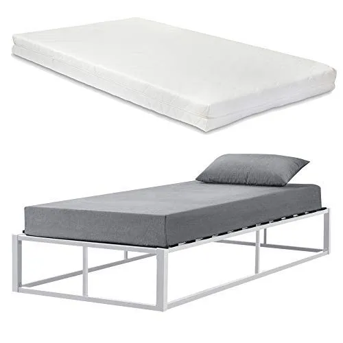 [en.casa] Struttura Letto in Metallo con Materasso a Schiuma Fredda 90 x 200 cm Letto Singolo in Acciaio con Materasso Anallergico - Bianco