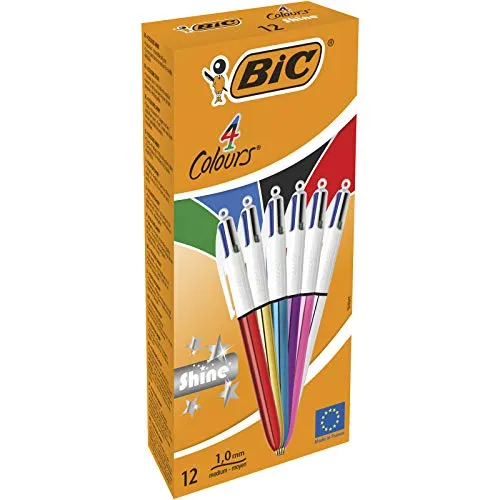 BIC 4 Colori Shine Penne A Sfera Con Punta Media (1.0 mm), Fusti Metallici Assortiti, Confezione da 12, Ottime per Prendere Appunti in Ufficio e a Casa
