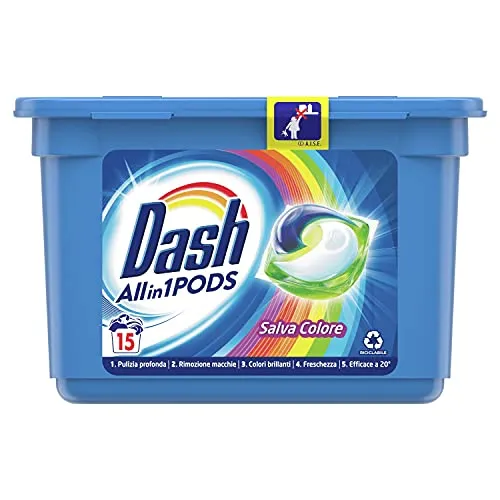 Dash All in 1 Pods Detersivo Lavatrice in Capsule, 15 Lavaggi, Salva Colore, Rimuove le Macchie, per Tutti i Capi