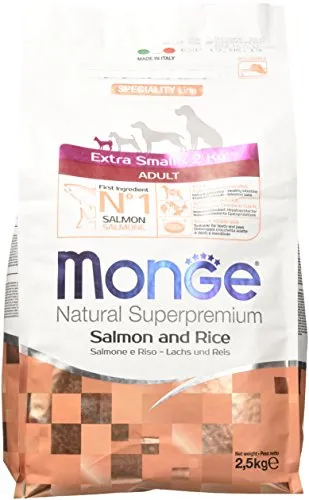 Monge Natural Superpremium ADULT MINI SALMON AND RICE, cibo per cani di tutte le razze (cibo secco per cani di peso inferiore a 10 kg, con salmone e riso, molto ricco di fibre e vitamine, 2,5 kg)