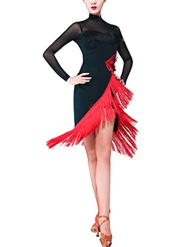 SPDYCESS Elegante Vestiti da Ballo Latino Donna Abito da Ballo Danza - Manica Lunga Nappa Costume da Ballo Tango Rumba Salsa Samba Vestito da Flapper Ballroom Competizione Dancewear