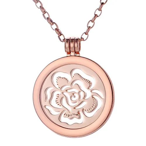 Morella Collana Donna 70 cm Acciaio Inossidabile Oro Rosa con Coins Moneta amuleto Ciondolo Rotondo 33 mm Mare di Fiori Color Oro Rosa in Sacchetto di Velluto