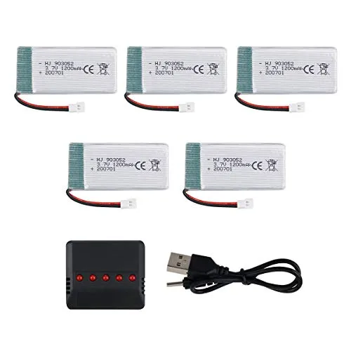 Makerstack Batteria Lipo 5 Pezzi 1S 3,7 V 1200 mAh e Caricabatterie 5 in 1 per SYMA X5S X5SW X5SC M18 H5P RC Quadcopter Drone Ricambi