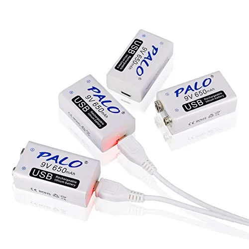 PALO, ricarica batterie al litio, 9v 650mAh con cavo USB, per tastiera, microfono, rilevatore di fumo 4*9V650-2*2 in 1 USB Cable