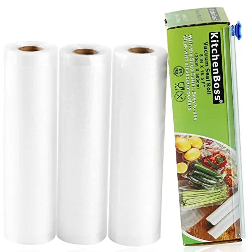 KitchenBoss Rotoli Sacchetti Sottovuoto per Alimenti, 3 Rotoli 20x500cm Totale15M, (Non più forbici) goffrati,per Conservazione e Cottura Sous Vide