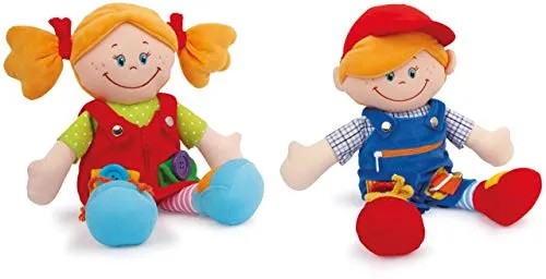 5576 Bambole di stoffa "Chiara & Massimo" small foot, bambole didattiche per l'allenamento della motricità fine dei bambini piccoli, set da 2 pezzi.