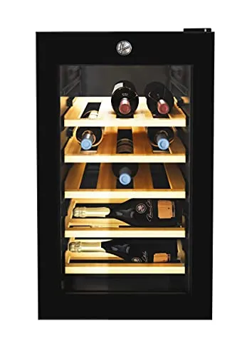 Hoover HWC21/E Cantinetta Vino Refrigerata, 21 Bottiglie, Ripiani in Legno, Luce Led, Silenziosa, Libera Installazione, 54x40x66 cm, Nero