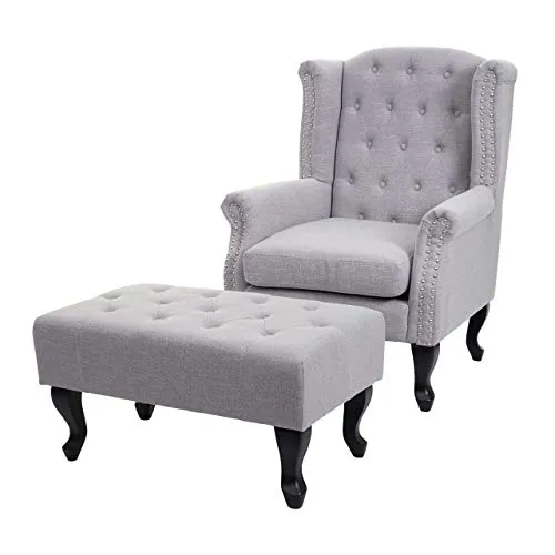 Mendler Poltrona Stile Vittoriano Chesterfield Tessuto - Grigio con poggiapiedi