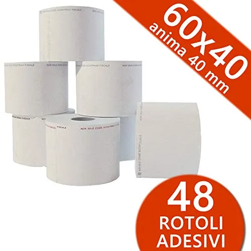 Confezione 48 Rotoli in Carta Termica Adesiva mm 60x40 mt Anima 40 mm per BILANCE ELETTRONICHE Carta Termica 1^ Qualità