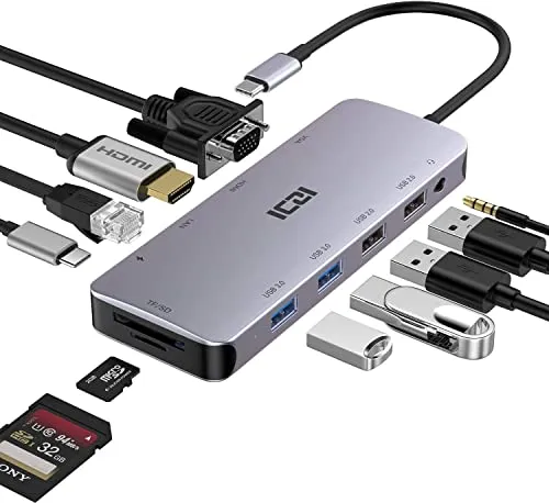 ICZI Hub USB C 11 in 1 con HDMI 4K e VGA 1080P adattatore multiporta per computer (Ethernet/Power Delivery/Audio/SD/TF/4 porte USB) Dock Station compatibile con MacBook,HP,Dell,ASUS