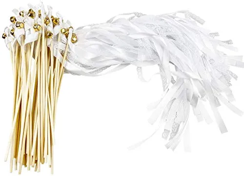 CODOHI - Confezione da 50 bacchette magiche da matrimonio, con campane, seta, per matrimoni, feste del neonato, pizzo bianco