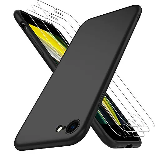 AOYATE Cover iPhone SE 2020 + Vetro Temperato iPhone SE 2020 (3Pezzi), HD Anti-graffio Vetro Temperato Senza Bolle con Una Nero Custodia Silicone Cover per iPhone SE 2020