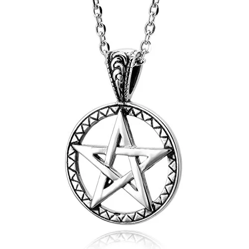 MunkiMix Acciaio Inossidabile Pendente Ciondolo Collana Tono Argento Pentagramma Pentacolo Stella Uomo,Catenina Lunga 58 cm Inclusa