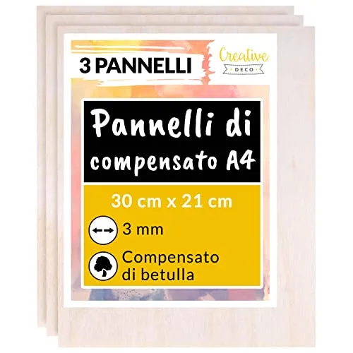 Creative Deco 3 x A4 Compensato Pannelli Legno Betulla 3mm | Pannelli Compensato 300 x 210 x 3 mm (+/- 0.5mm) | Fogli di Legno per Decorazione, Modellare, Pannelli Taglio Laser, Pirografia, Pareti