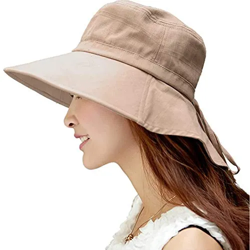 Comhats - Cappelli estivi da donna UPF 50, a tesa larga, ripiegabili, con fascia per il mento e protezione per il collo 1005_Khaki L