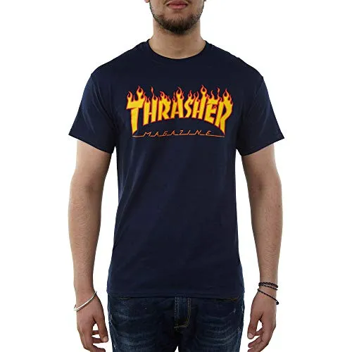THRASHER Flame - Maglietta da uomo, Uomo, Maglietta, 110102M/NY, Blu navy, M
