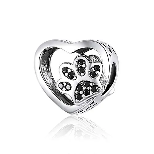 Charm a forma di zampa di gatto in argento Sterling 925 con ciondolo a forma di animale domestico con zirconi neri, adatto per braccialetti Pandora, gioielli e amanti degli animali