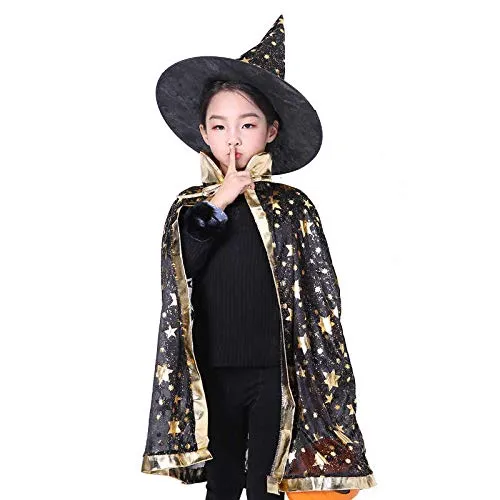 Costume da Strega di Halloween,Costume da Mago con Cappello da Mago Mantello per Bambini Ragazzo Ragazza Costume Cosplay Festivel Stile Stella