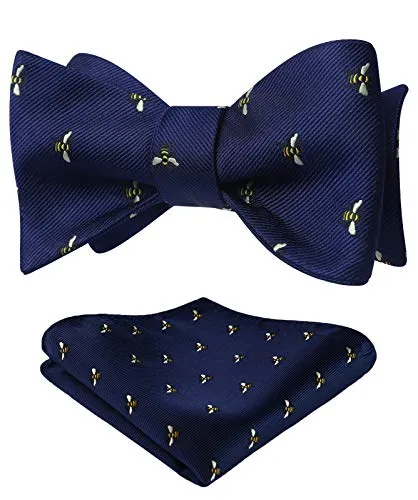 HISDERN Uomo Bee pattern Se stesso Cravatta a farfalla & Pocket Square Set Festa di matrimonio Accessori Navy blu/giallo