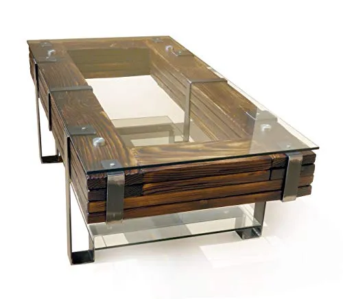 CHYRKA® Tavolino da salotto Loft Vintage Bar IndustrieDesign Legno metallo vetro lavorato a mano LEMBERG (90x60 cm H=50 cm)