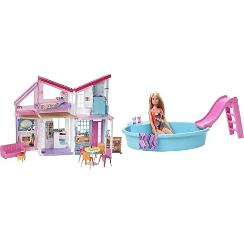 Barbie - Casa di Malibu - Casa Malibu - Playset Trasformabile con Plug-and-Play - Oltre 25 Accessori - 60 Cm - Regalo per Bambini da 3+ Anni & Playset Bambola con Piscina e Accessori