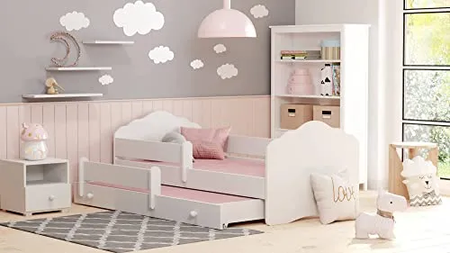 Dmora Letto Singolo per Bambini, Secondo Lettino Estraibile, Testiera a Nuvola e Protezione anticaduta, cm 164x88h63, Colore Bianco