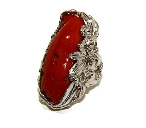 Argento 925 : grande anello donna barocco regolabile realizzato a mano con corallo verace rosso naturale