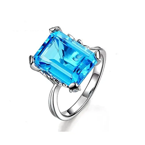 Uloveido Fascino Placcato Oro Bianco Taglio Smeraldo Blu zirconi cubici CZ Birthstone Rings Lab Creato Anelli di Cristallo di Acquamarina Dichiarazione con Bella Foglia per Le Donne Ragazze