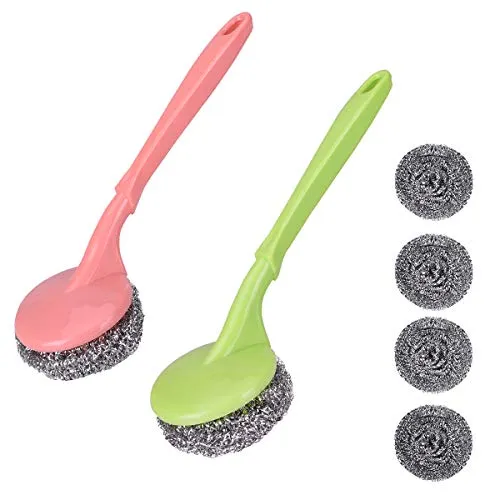 TankerStreet 6PCS Cucina Pagliette Acciaio INOX Pulizia Spugne Scrubber con Manico in Plastica Sostituibile Filo di Acciaio Palle Strumento Pennello di Lavaggio per Ciotola Pentola Colore Casuale