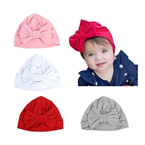 Baby Hat 4 pezzi neonato, 100% cotone morbido, elastico avvolgere la testa avvolgere infantile turbante bambino neonato ragazza fascia