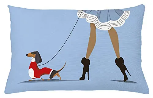 ABAKUHAUS Bassotto Copricuscino, Donna e Dog Fashion, Decorativo, Stampato su Entrambi i Lati, 65 x 40 cm, Multicolore