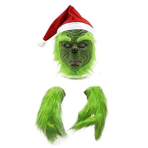 mimisasa Grinch Mask Guanti Puntelli per costumi di Natale Maschera spaventosa di Halloween per Adulti