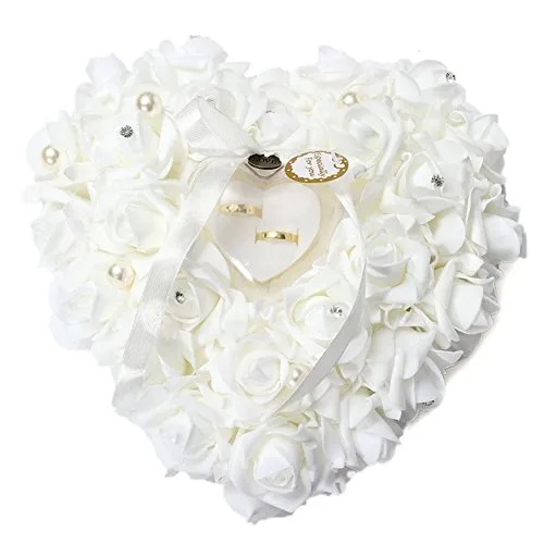 ZJchao, Cuscino per fedi nuziali, 15 x 13 cm, a forma di cuore, stile romantico, decorato con rose, per matrimonio, colore: bianco, cod. OY-CRY001