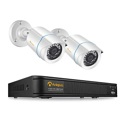 Anlapus DVR Kit Videosorveglianza (8CH 1080P H.265+ DVR + 2 * 2MP Telecamera Esterno), Visione Notturna, Motion Detection, Allarme E-mail, P2P, Senza HDD
