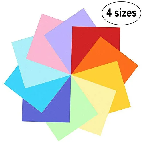 400 fogli colorati double face, carta per origami in 10 colori vivaci assortiti, 4 misure - 100 fogli da 20x20cm 15x15 cm 10x10 cm 7,5x7,5 cm + 100 occhietti