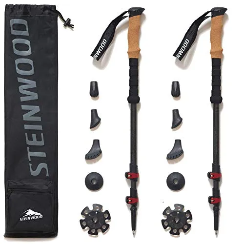 Steinwood Premium Bastoncini per Escursioni in Carbonio 100% - Bastoncini da Trekking - segmenti telescopici Regolabili e Chiusura a Fermaglio con Gommini aggiuntivi ammortizzanti e Custodia