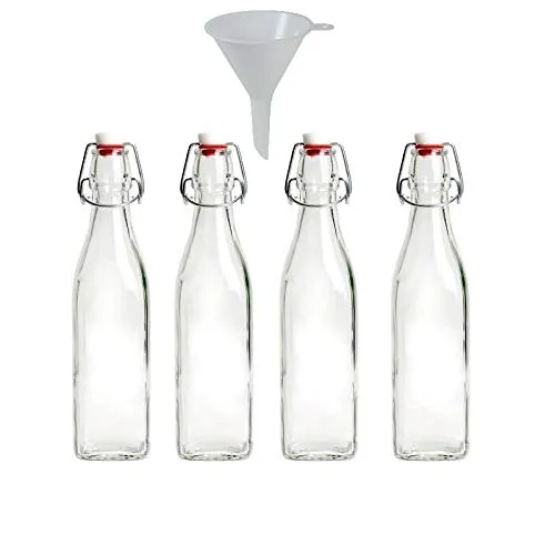 Viva Haushaltswaren - 4 Piccole Bottiglie in Vetro con Chiusura 250 ml (Forma Squadrata) da riempire con Imbuto