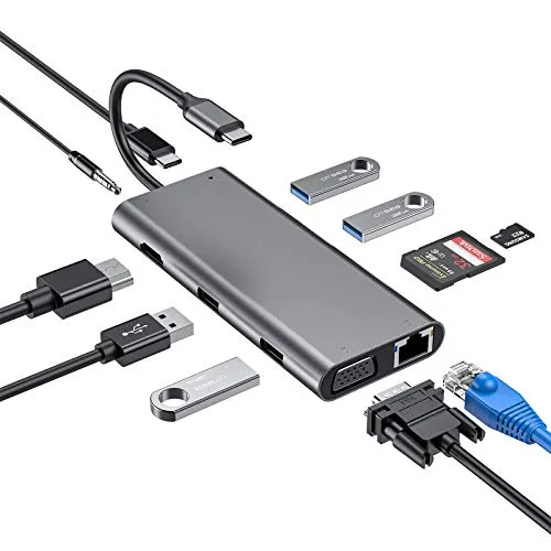 Hub USB C, adattatore 11 in 1 tipo C con 4K HDMI, 1080P VGA, RJ45 Gigabit Ethernet, lettori di schede SD/TF, USB 3.0/2.0, USB C Power Delivery, jack audio da 3,5 mm compatibile per MacBook Pro e altro