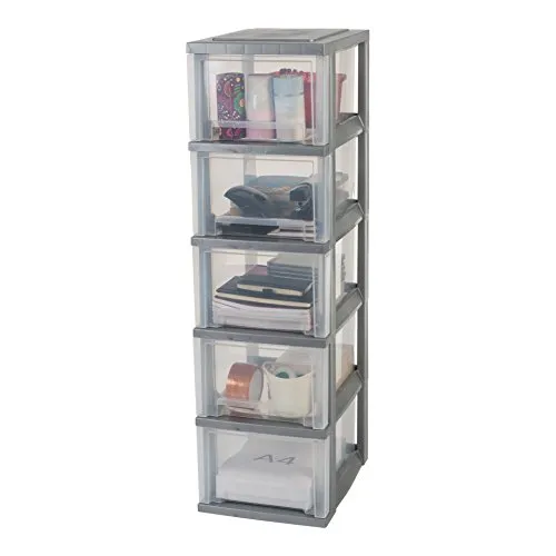 Iris Ohyama, torre memorizzazione su rotelle 5 cassetti - Smart Drawer Chest - SDC-305, plastica, argento / trasparente, 62L, 29 x 39 x 102 cm