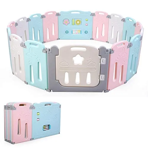 BAMNY Box Recinto per Bambini Barriera di Sicurezza Pieghevole con Porta Plastica Estensibile (rosa+blu+luna, 14+2)