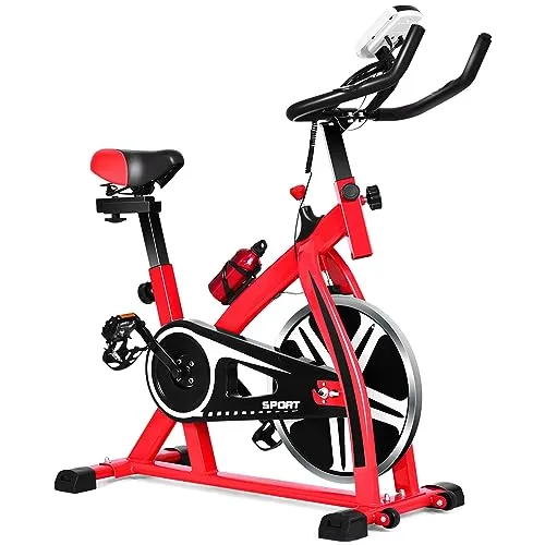 COSTWAY Cyclette Professionale da Interno, Bici Fitness da Spinning, Volano di 8 kg, con Bollitore, Porta Bicchiere, Display LCD, fino a 150kg, Rosso