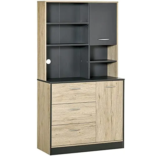 HOMCOM Mobile Cucina Credenza Moderna Salvaspazio con 2 armadietti 3 cassetti 3 ripiani Legno 90 x 39 x 169cm Bicolore Grigio Rovere Chiaro