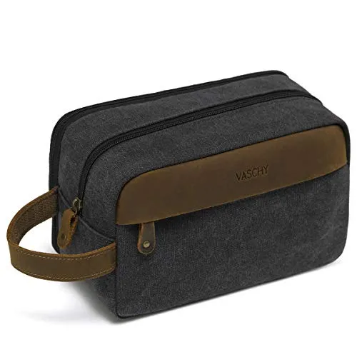 VASCHY Beauty Case, Beauty Case Uomo Vintage Borsa da Toilette Viaggio Donna Cosmetico Borsa da Viaggio in Tela Pelle Kit Borsa Bagno Uomo Impemeabile con Multi Scomparti Grigio