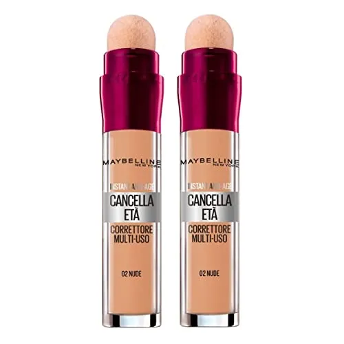 Maybelline New York Correttore Liquido Il Cancella Età, con Bacche di Goji e Haloxyl, Copre Occhiaie e Piccole Rughe, 02 Nude, Confezione da 2