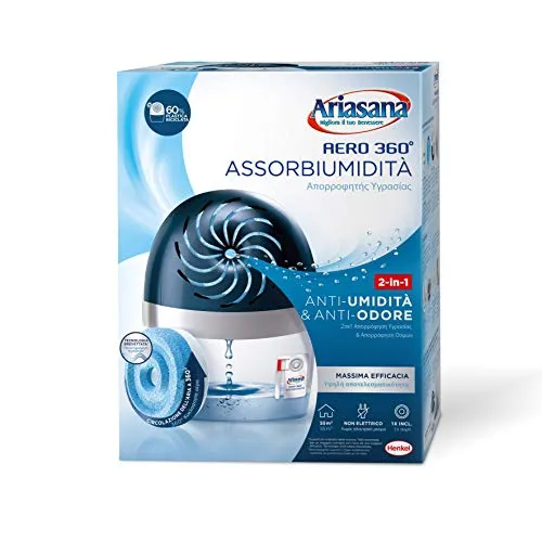 Ariasana Aero 360° kit Assorbiumidità in Plastica Riciclata, Deumidificatore non Elettrico e Riciclabile, Assorbi Umidità contro Condensa e Muffa, 1 Dispositivo e 1 Ricarica TAB da 450 g