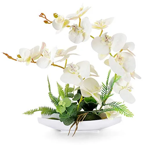 Yobansa Decorativi Real Touch Orchidea Finta Bonsai Fiori Artificiali con Imitazione Vasi da Fiori in Porcellana Phalaenopsis Composizione Floreale per la Decorazione Domestica (White)