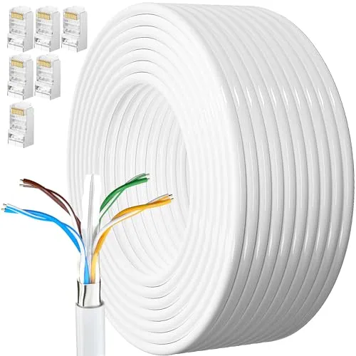 Cavo Ethernet 30 Metri, Bobina Cat 6 Cavo Lan 30m Lungo per Esterno Resistente alle Intemperie Cavo di Rete FTP 23 AWG Schermato Gigabit Anti-jamming Cavo Internet Bianco