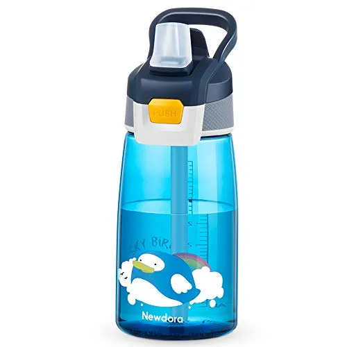 Newdora Borraccia Bambini-480ml-Borraccia con Cannuccia per Bambini-Mini Bottiglia Acqua senza BPA-Bottiglia A Prova di Perdite-Borraccia Termica in plastica-Borraccia con Cannuccia Portabile - Blu