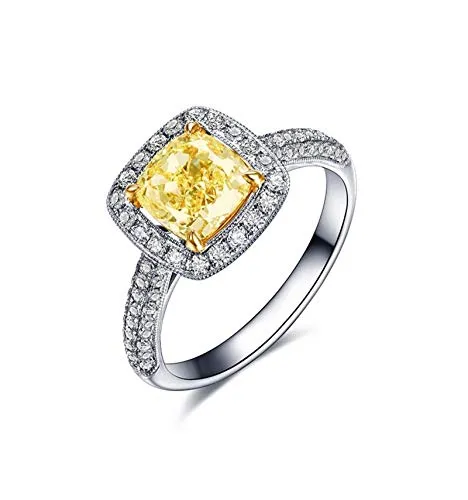 KnSam Il Anello Nuziale,Anello in Argento,Cuscino Diamante Giallo Oro Bianco 18 Carati 1Ct Diamante Misura Dell'Anello 17